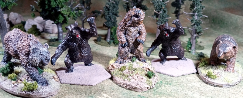 An assortment of bears (1st-Acheson Creations 28mm, 2nd and 4th-Italeri 54mm, 3rd and 5th-Reaper 28mm)